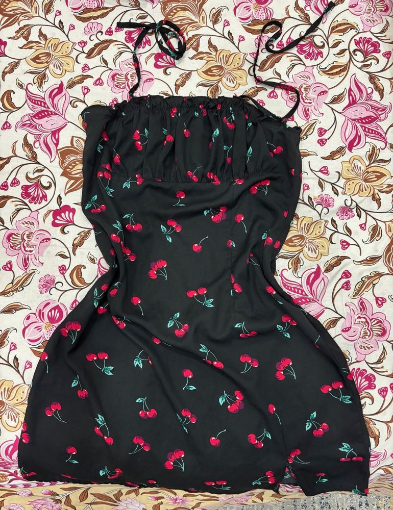 Black Cherry Print Mini Dress