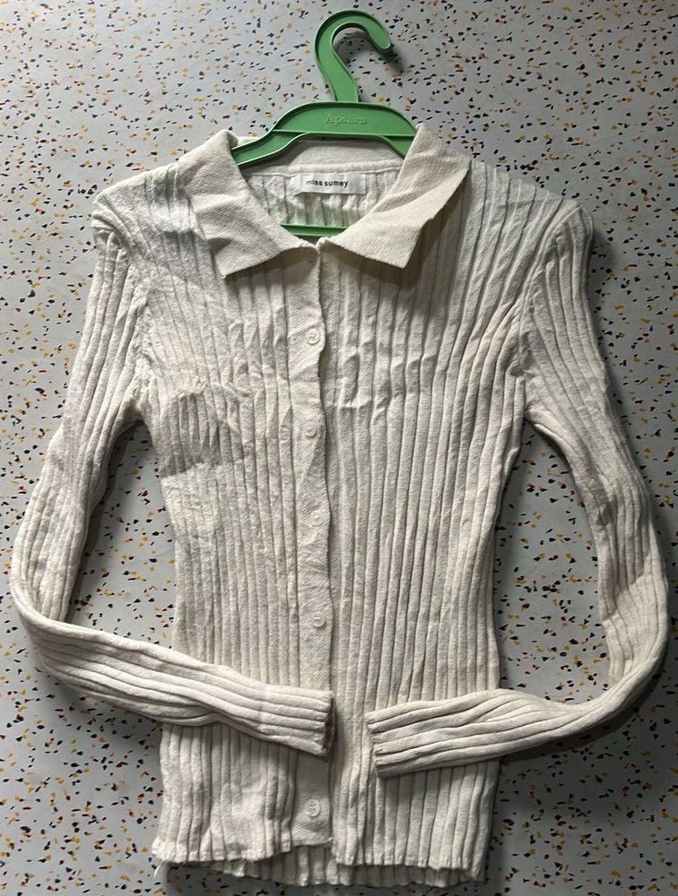 Ribbed Knit Button-Down Top