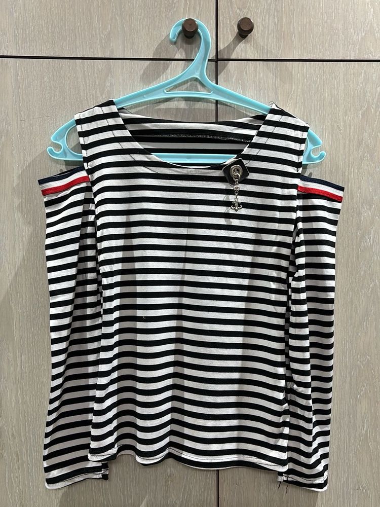 Striped Cold Shoulder Top with Charm