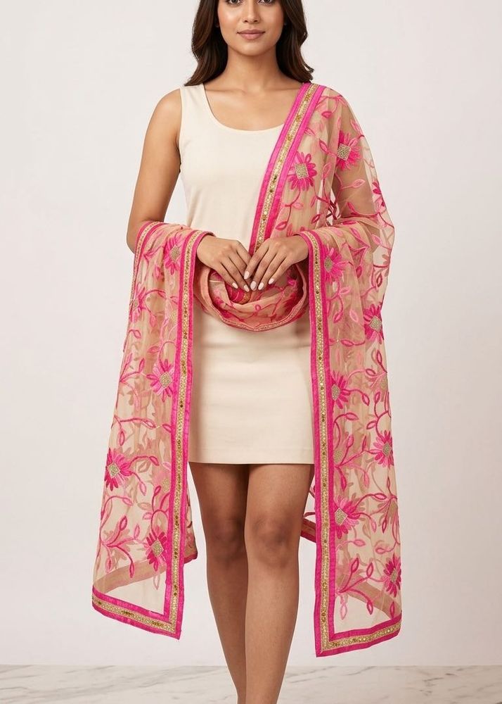 Elegant Beige Net Dupatta with Vibrant Pink Floral