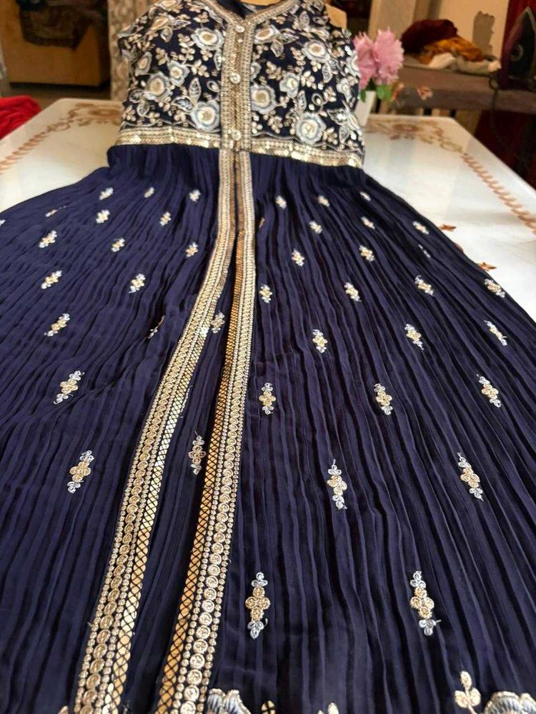 Elegant Navy Blue Embroidered Gown With Dupata &amp; P