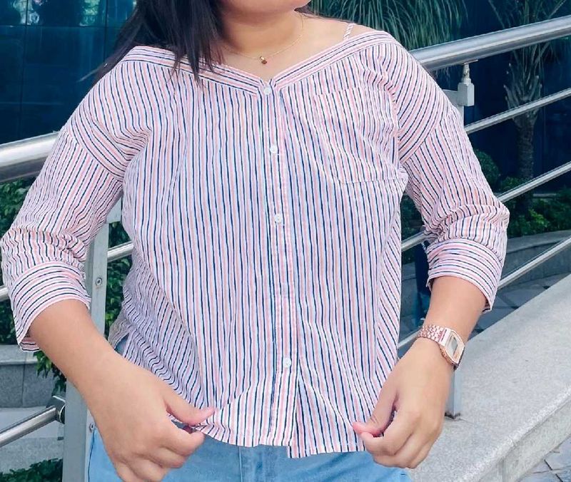 Striped Off-Shoulder Button-Up Top