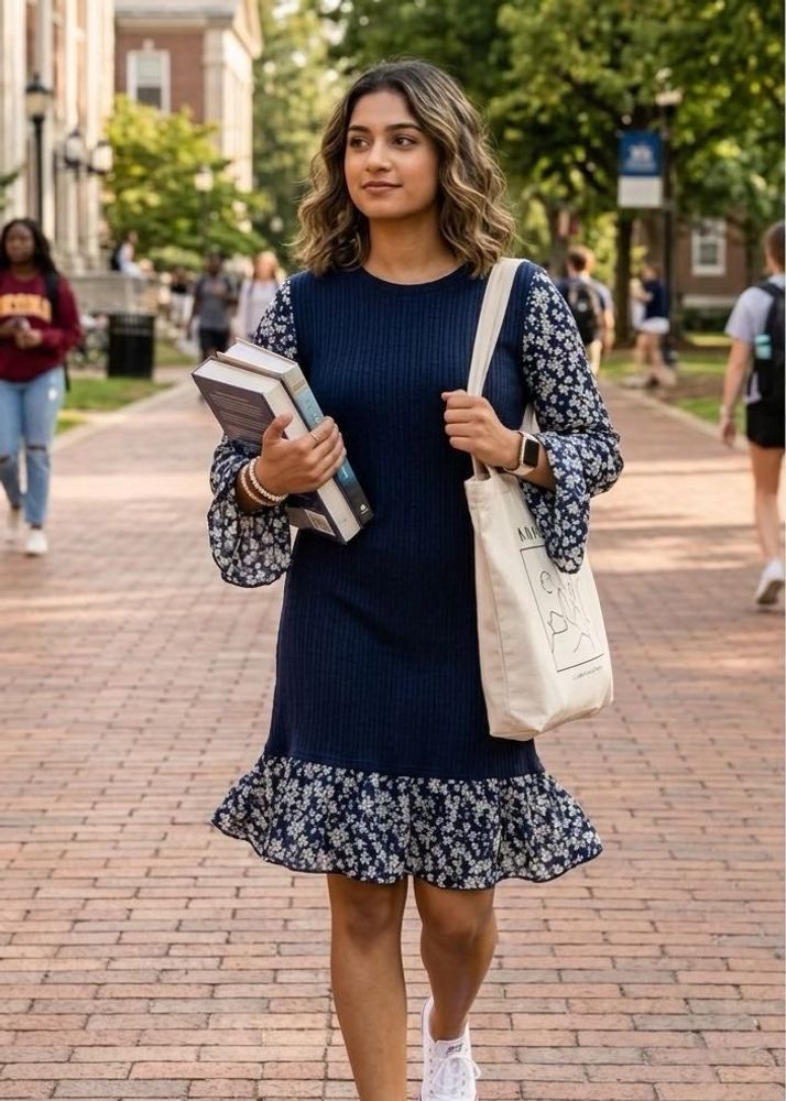 Chic Navy Floral Ruffle Dress