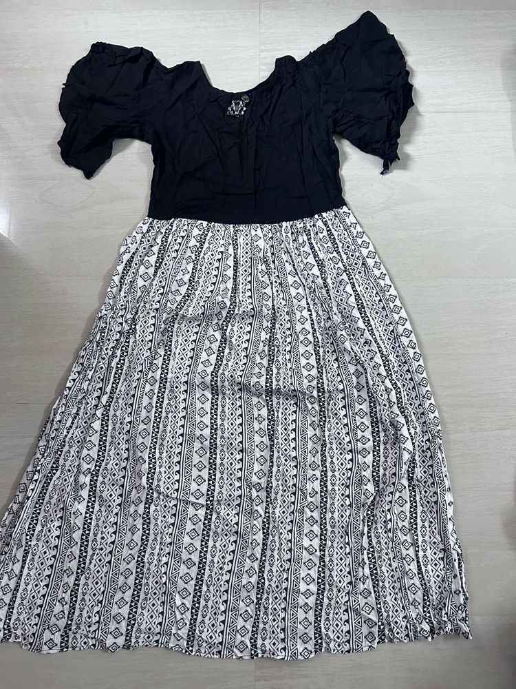 Boho Black &amp; White Printed Flared Maxi Dress (Ruff