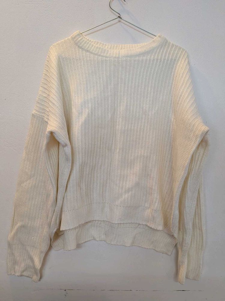Cream Ribbed Knit Oversized Sweater
