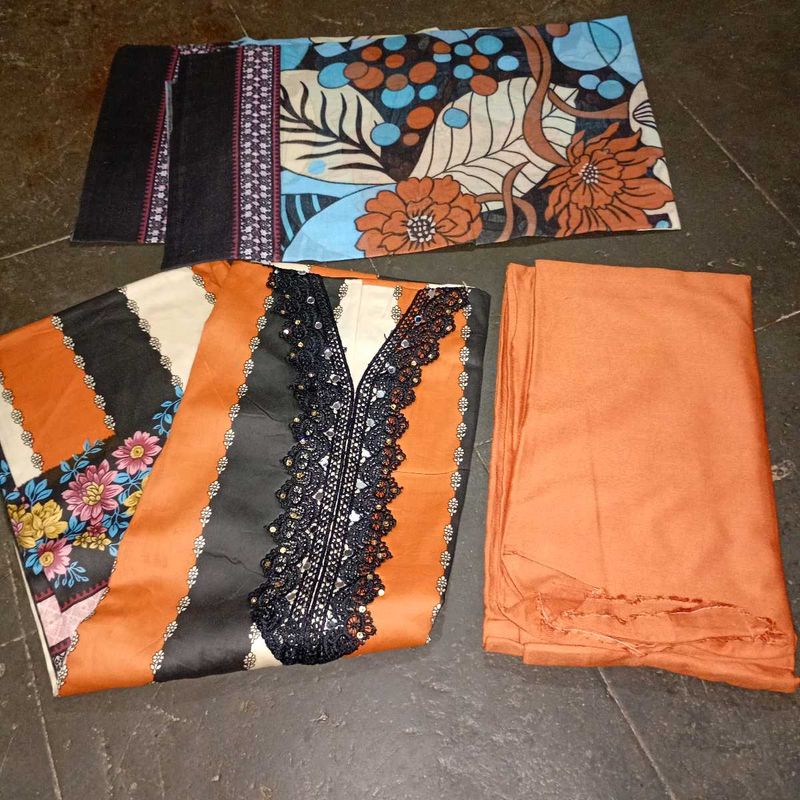 Orange &amp; Black Floral dress material