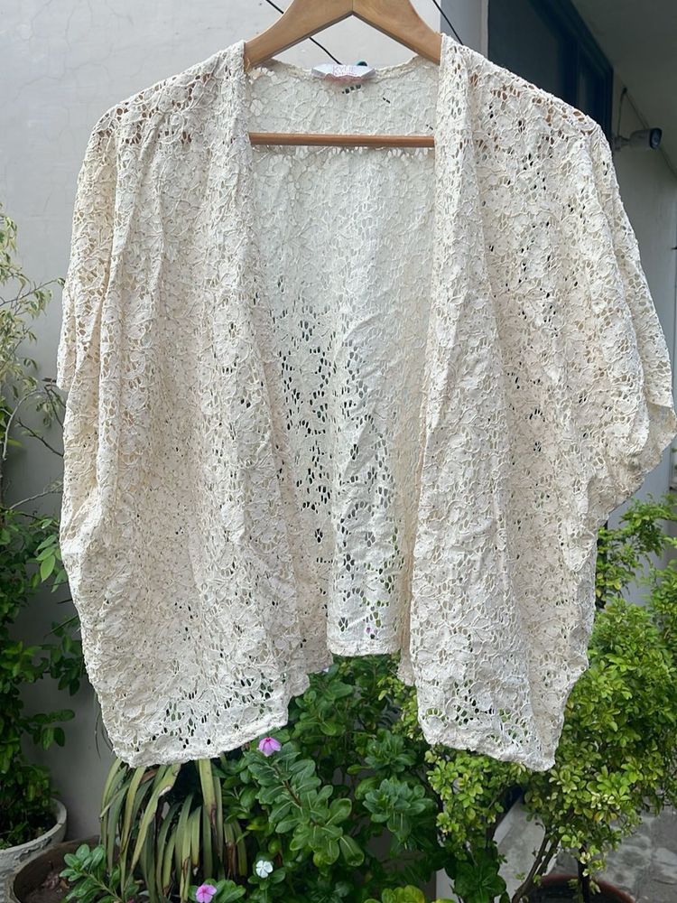 Cream Lace Open Front Kimono Cardigan