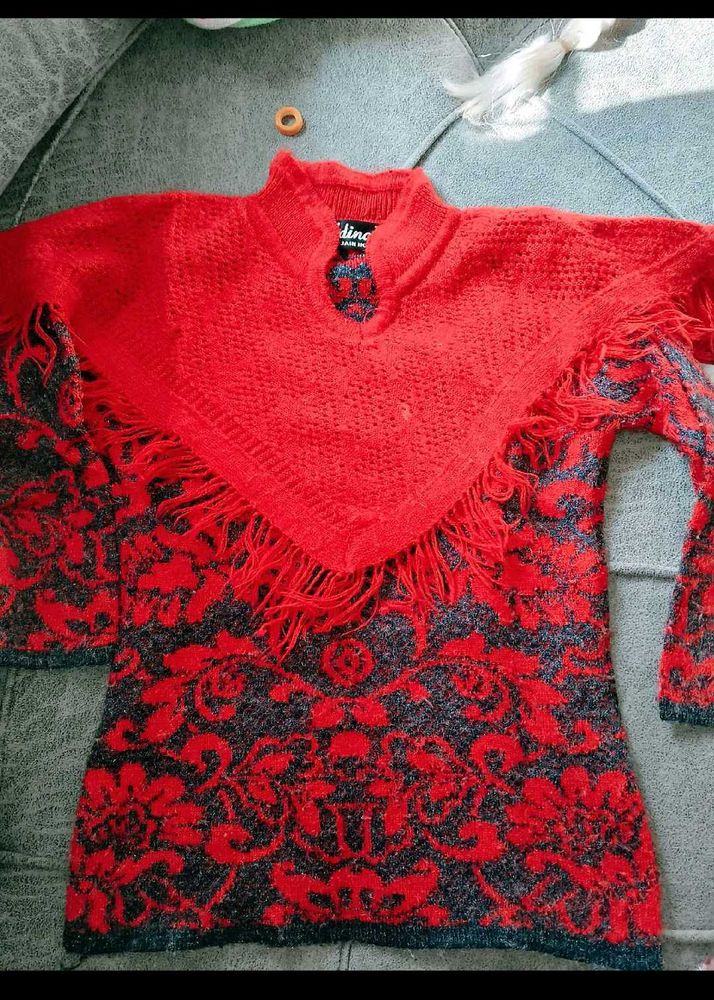 Red Floral Fringe Poncho Sweater