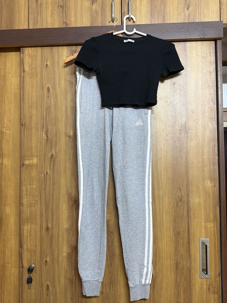 Adidas Track Pants &amp; zara Black Crop Top Set