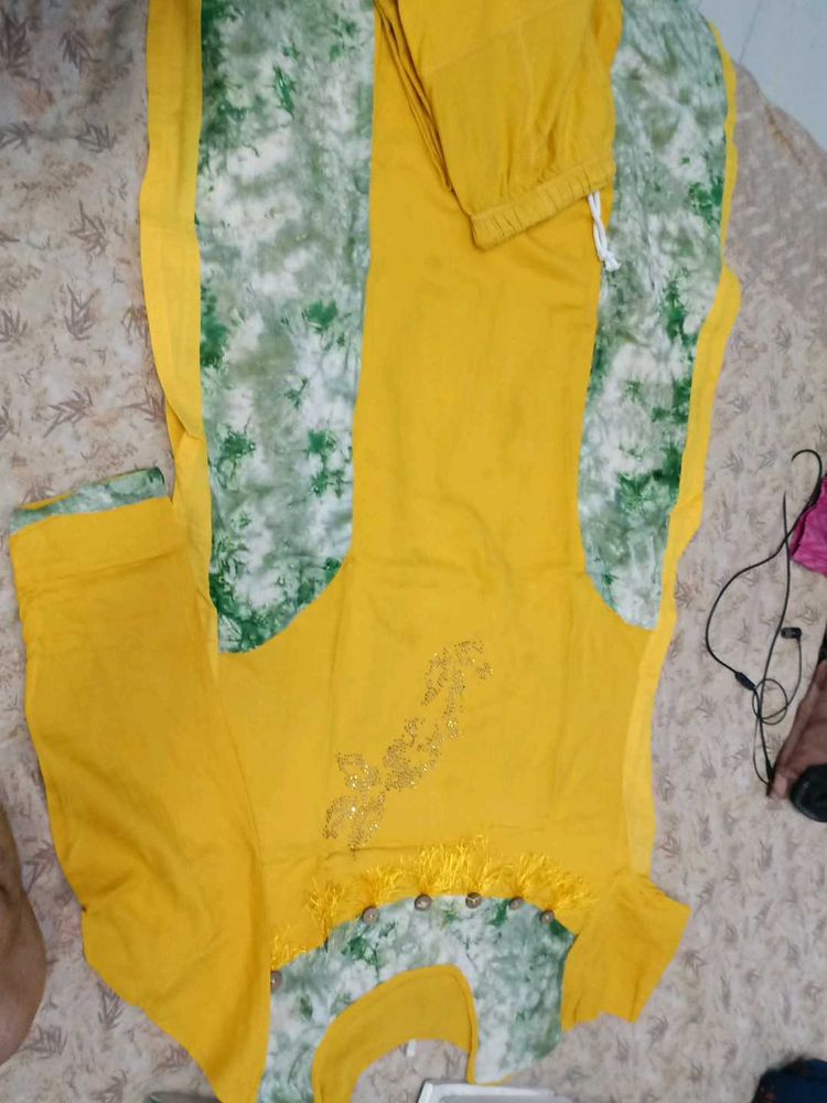 Yellow Kurta Set with Green Print