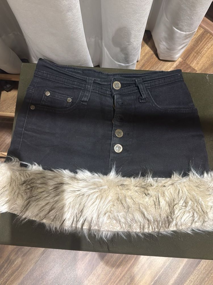 Black Denim Mini Skirt with Fur Trim