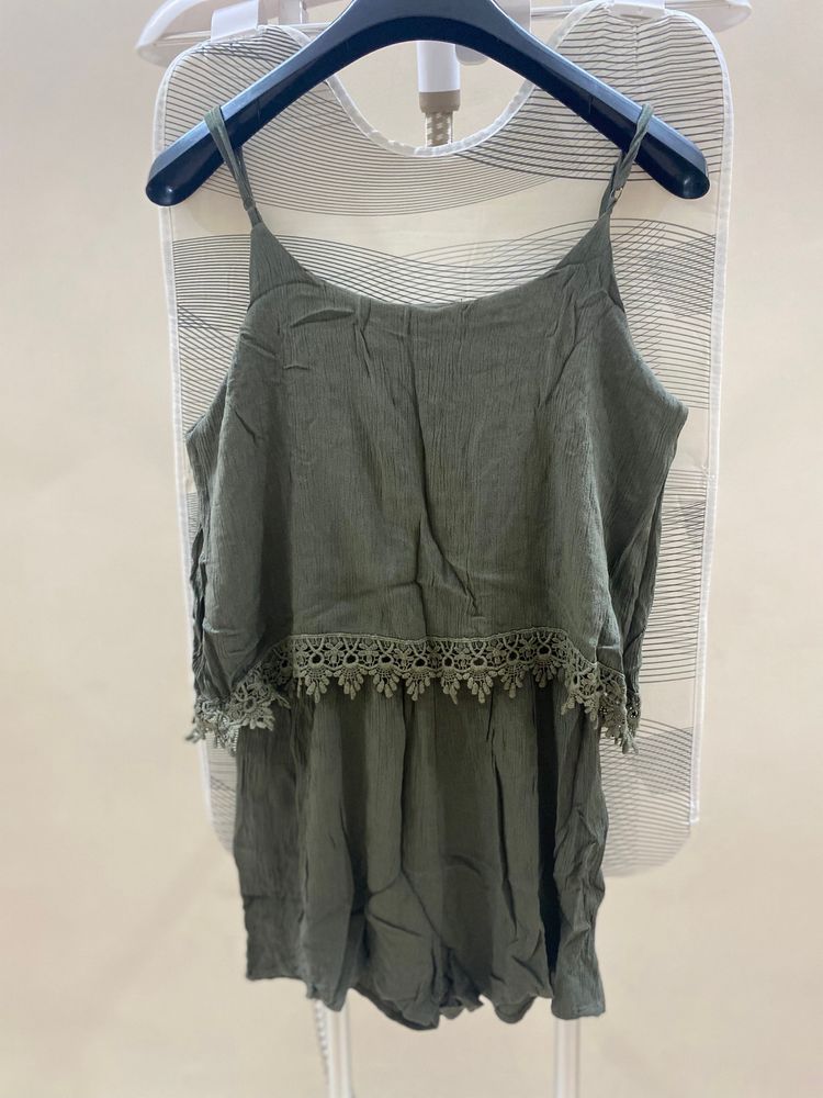 Green lace trim cami romper