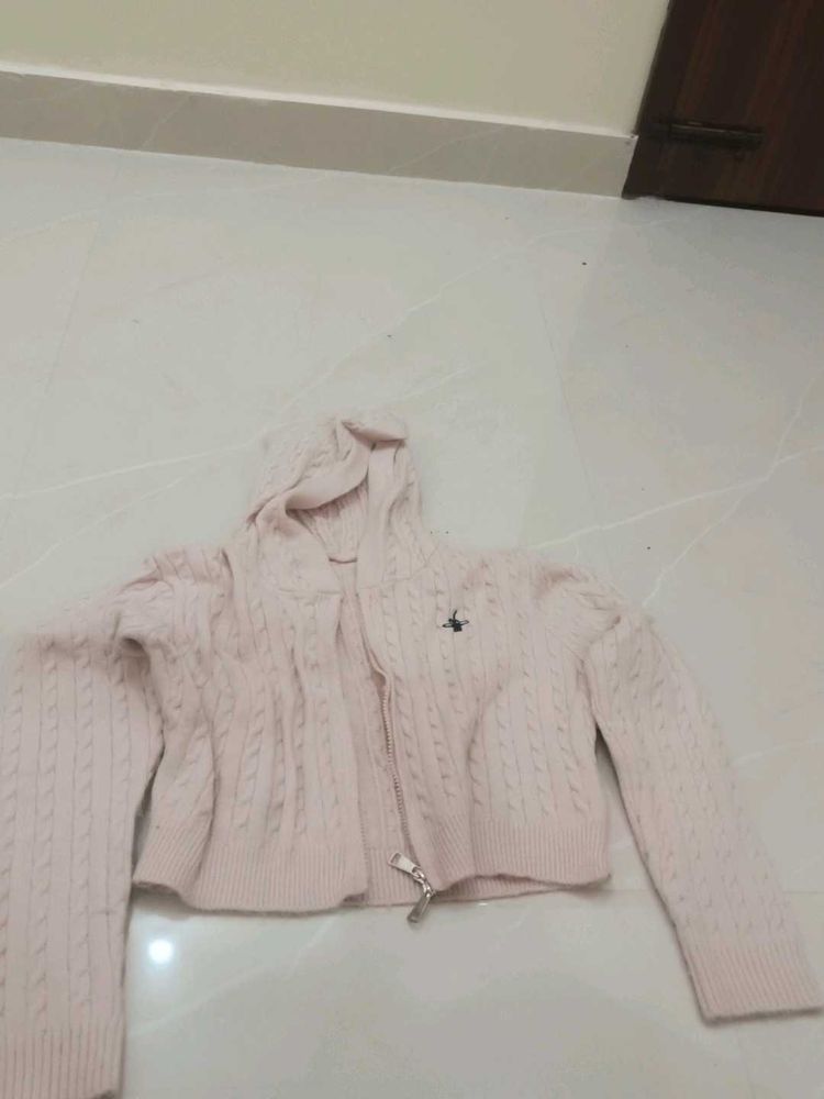 Pink Cable Knit Cropped Hoodie