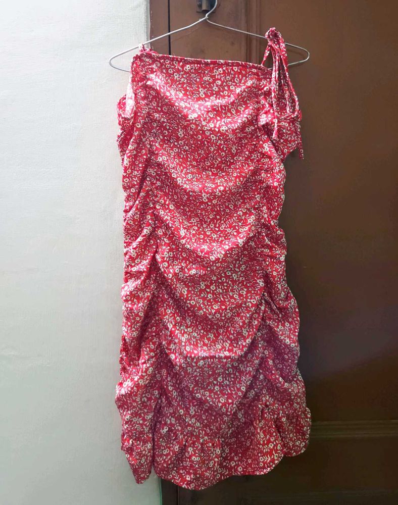 Red Floral Ruched Dress