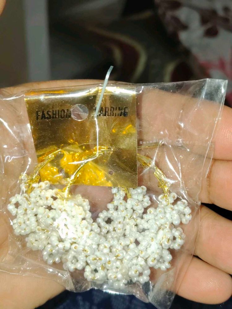 Fashion White Beaded Hoop Earrings
