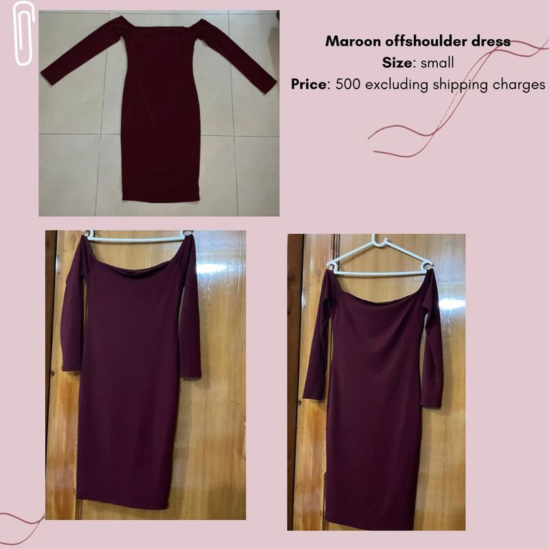Maroon Off-Shoulder Long Sleeve Dress