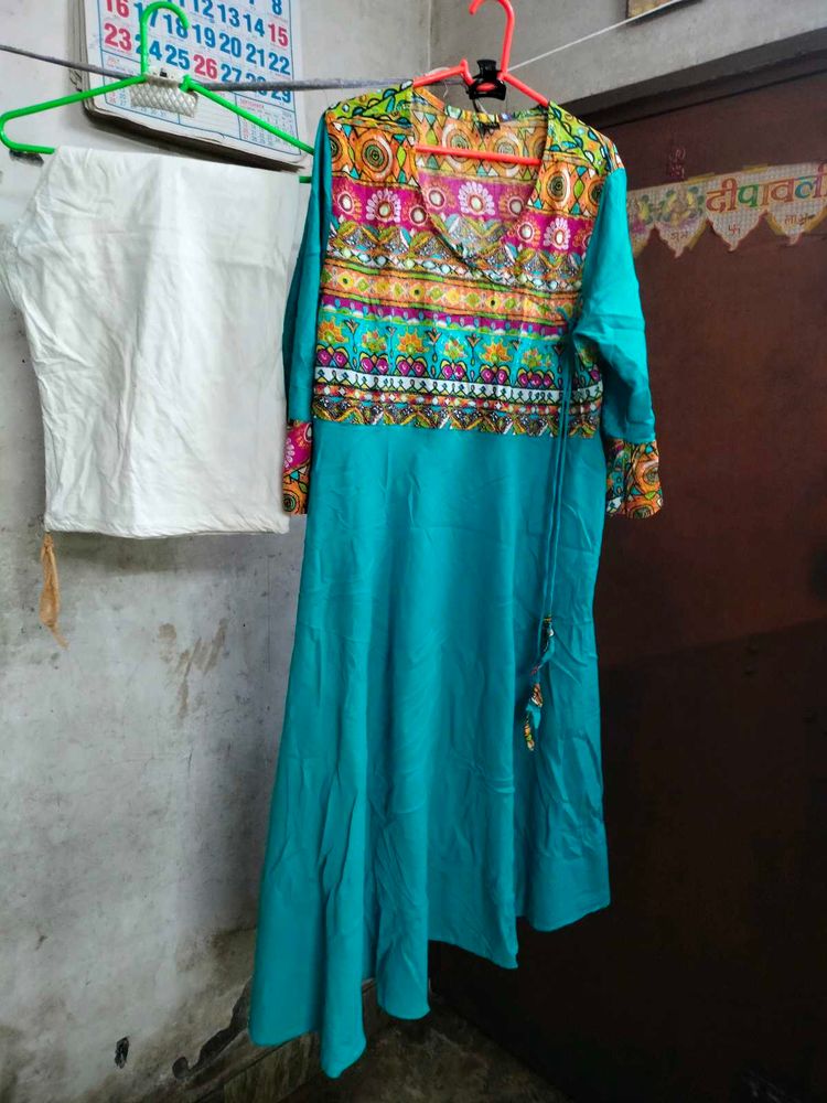 Vibrant Teal Kurta with Embellished Neckline