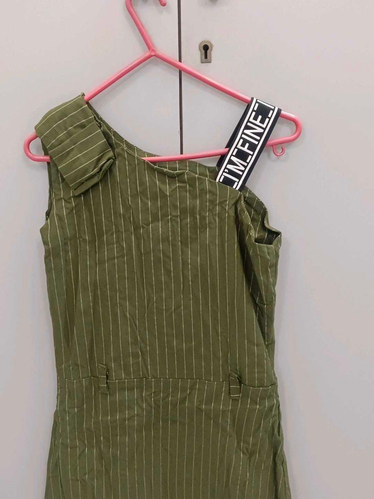 Olive Green Striped One-Shoulder Dress