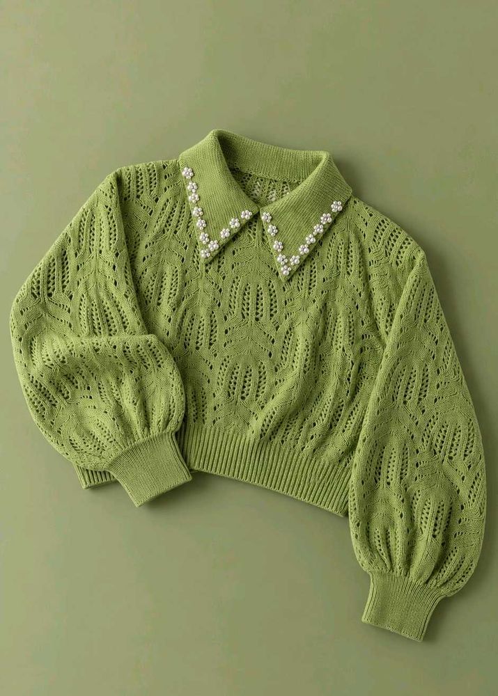 PEARL COLLAR LACE KNIT SWEATER