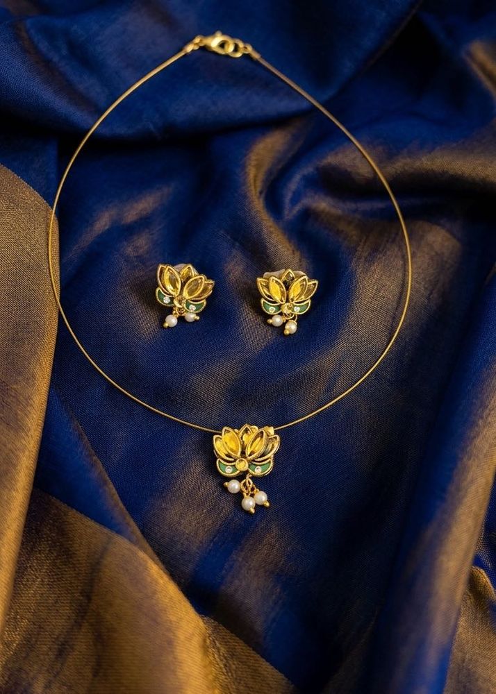 Gold Lotus Pendant &amp; Earring Set