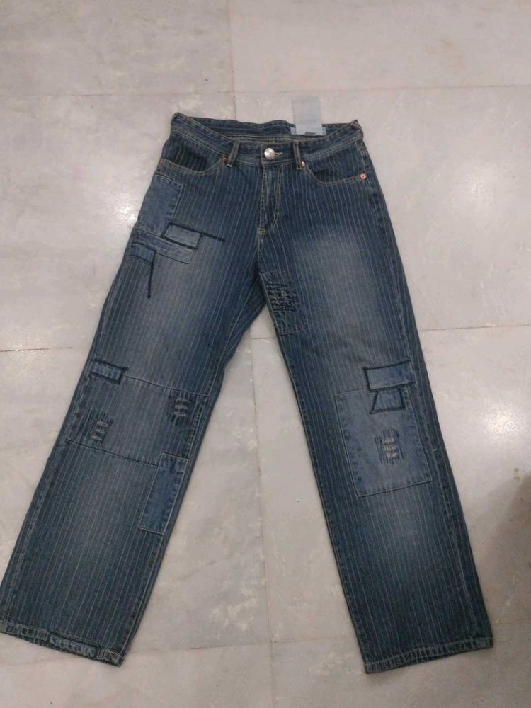 Vintage Retro Striped Patchwork Denim Jeans
