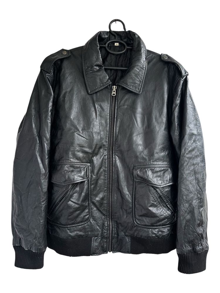 Classic Black Leather Bomber Jacket
