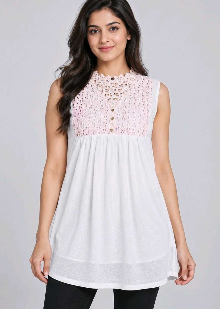 White long Top with Pink Cutout Neck