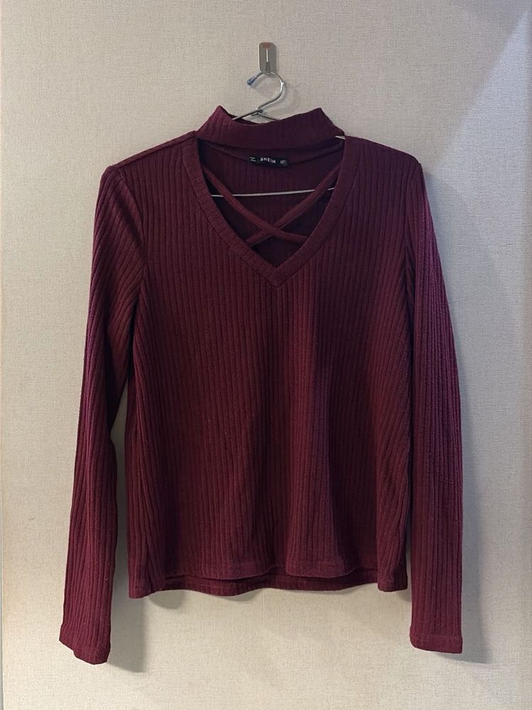 Maroon Ribbed Lattice Neck Top