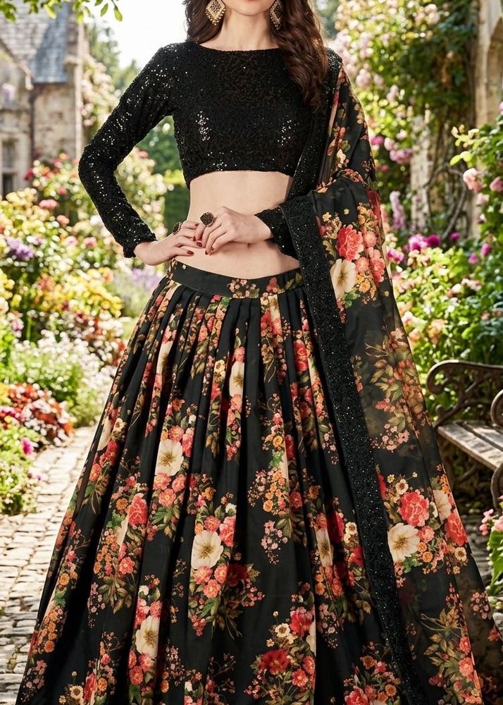 Black Sequin Floral Lehenga Set with Dupatta