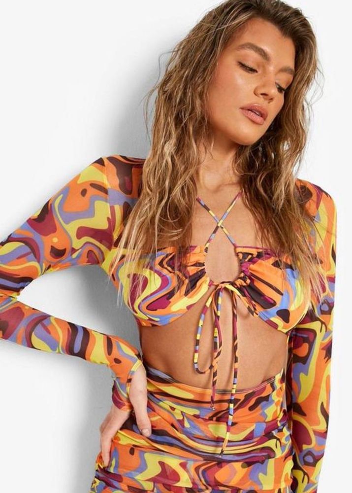 Abstract Print Mesh Crop Top