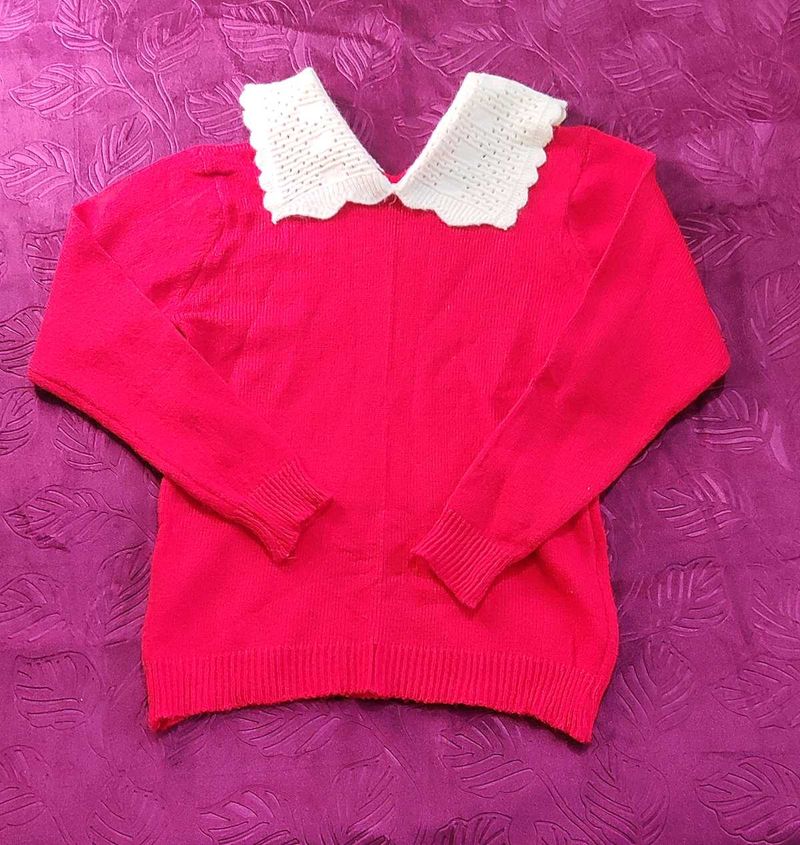 Bright Pink Sweater with Crochet Collar