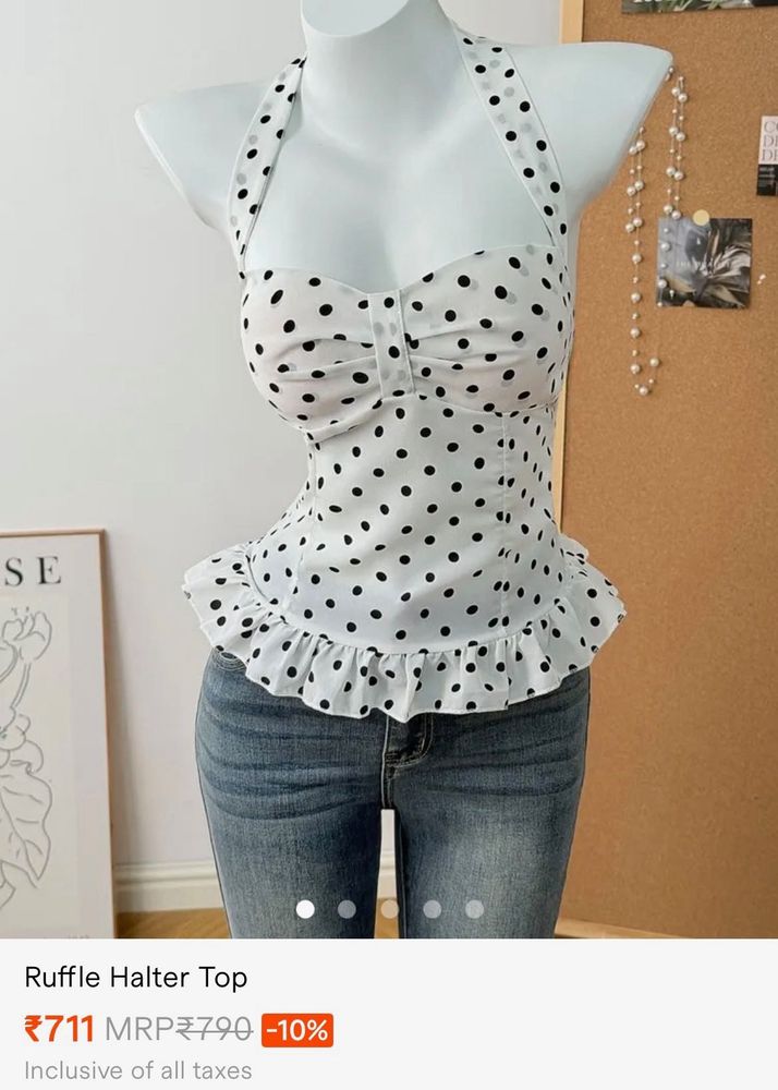 Cute Polka Dot Ruffle Halter Top