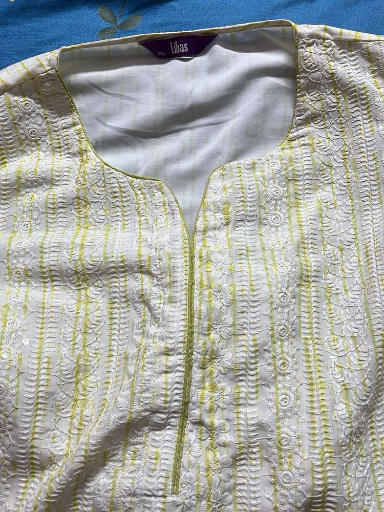 Libas White &amp; Yellow Embroidered Kurta set