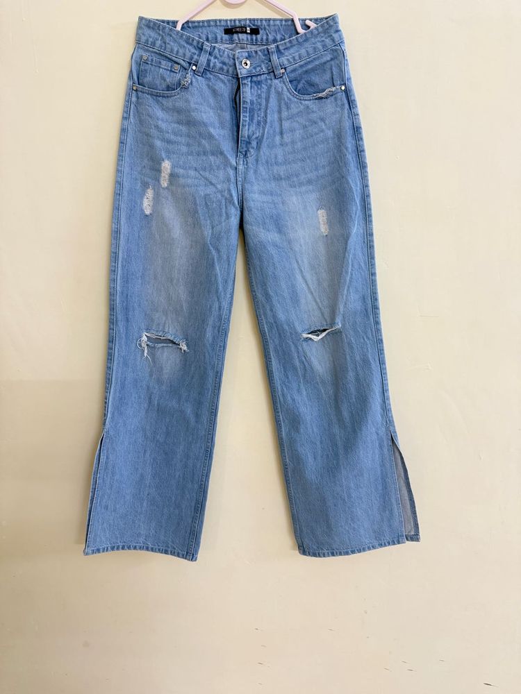 Light Wash Distressed Wide-Leg Jeans