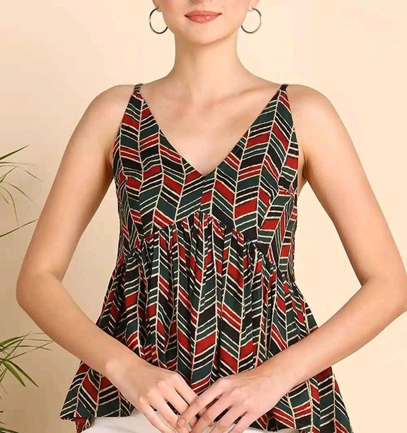 Stylish V-Neck Sleeveless Printed Top