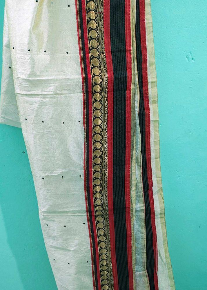 Off-White Saree with Red &amp; Black Border