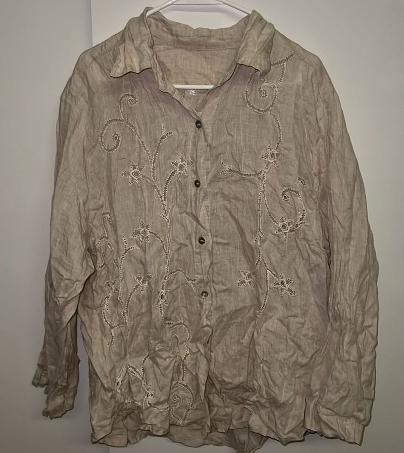 Embroidered Beige Linen Shirt