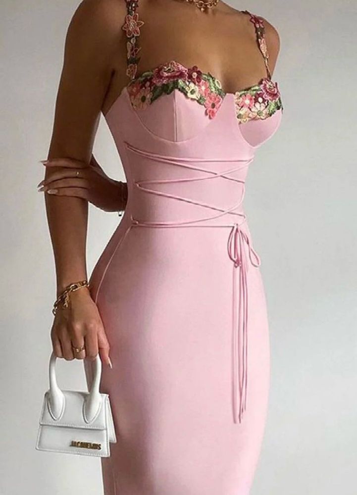 Pink Floral Neckline Corset Maxi Dress