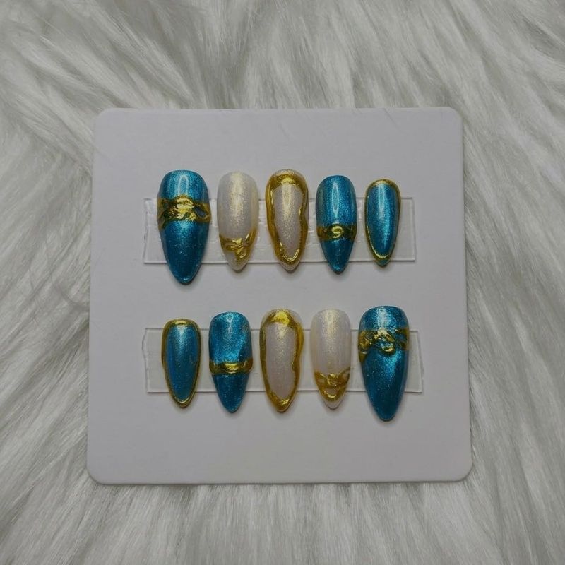 Sparkling Blue &amp; Gold Press-On Nails