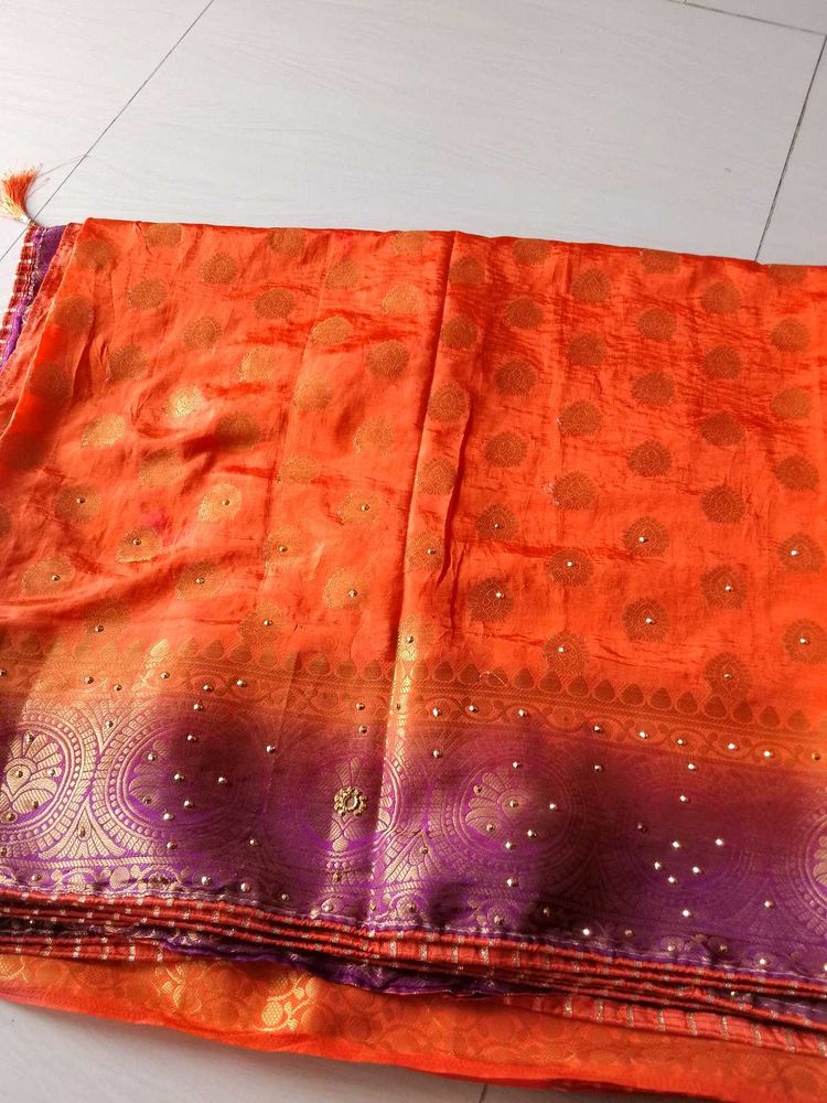 Orange &amp; Purple Embellished Saree