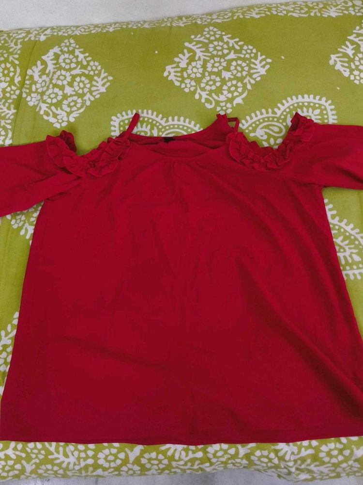 Red Cold Shoulder Ruffle Top