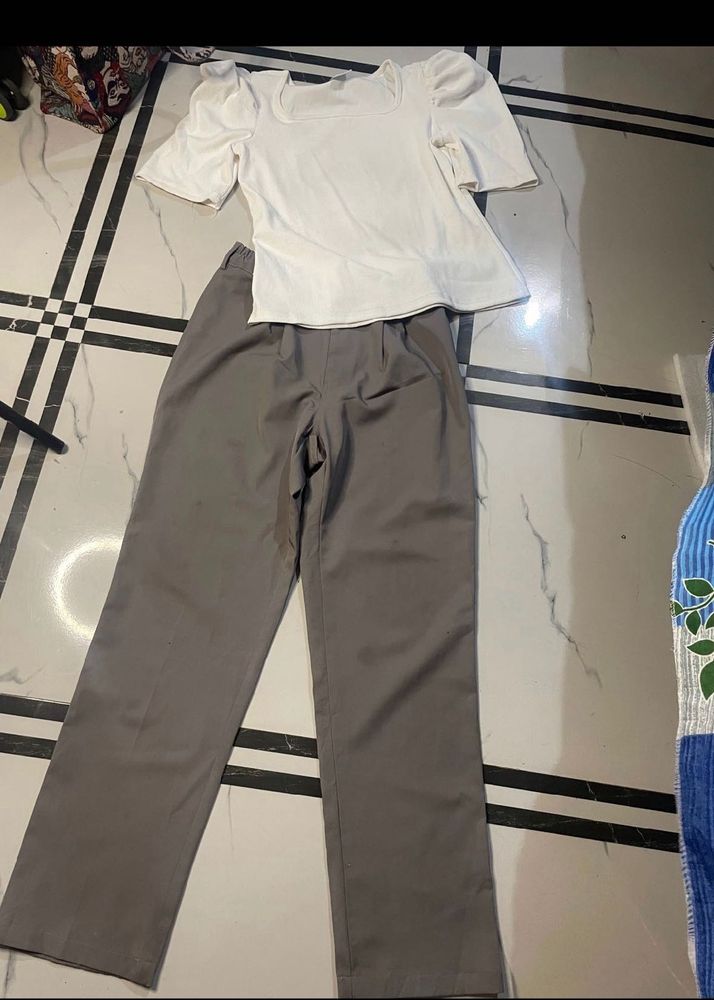 Chic White Puff Sleeve Top &amp; Grey Trousers Set