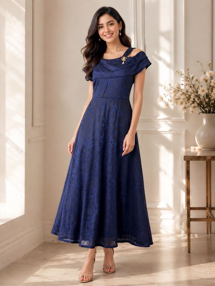 Elegant Navy Blue Floral Maxi Dress
