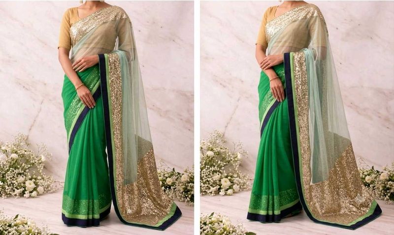Elegant Green and white Saree with Glittery Bo