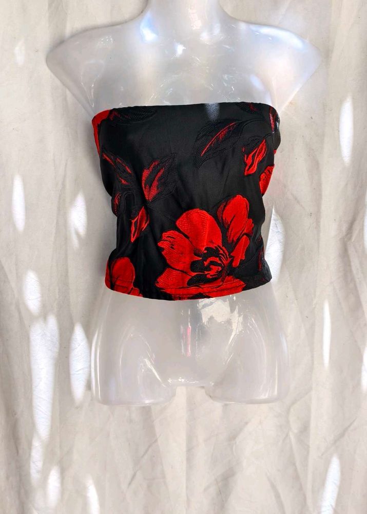 I. Black &amp; Red Floral Strapless Top