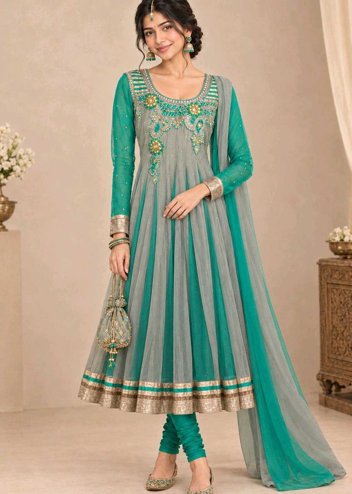 Grey &amp; Teal Green Anarkali Suit Set
