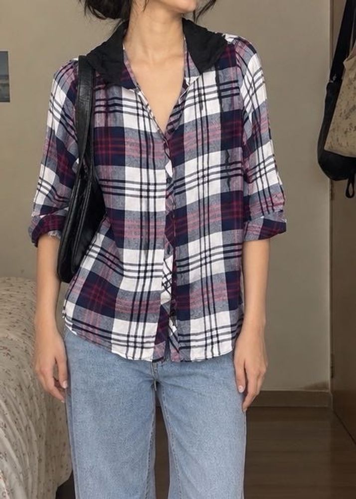 Plaid Button-Up Top with Hoodie