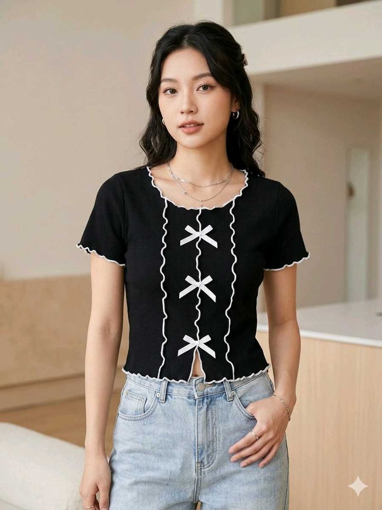 Cute Black Bow Detail Top
