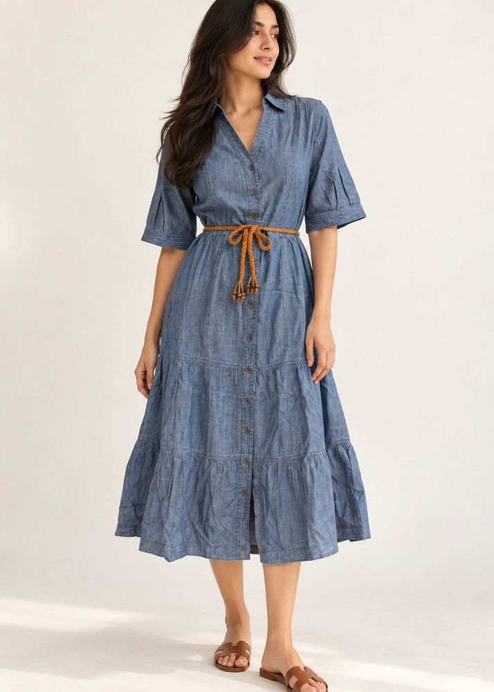 Denim Tiered Midi Dress
