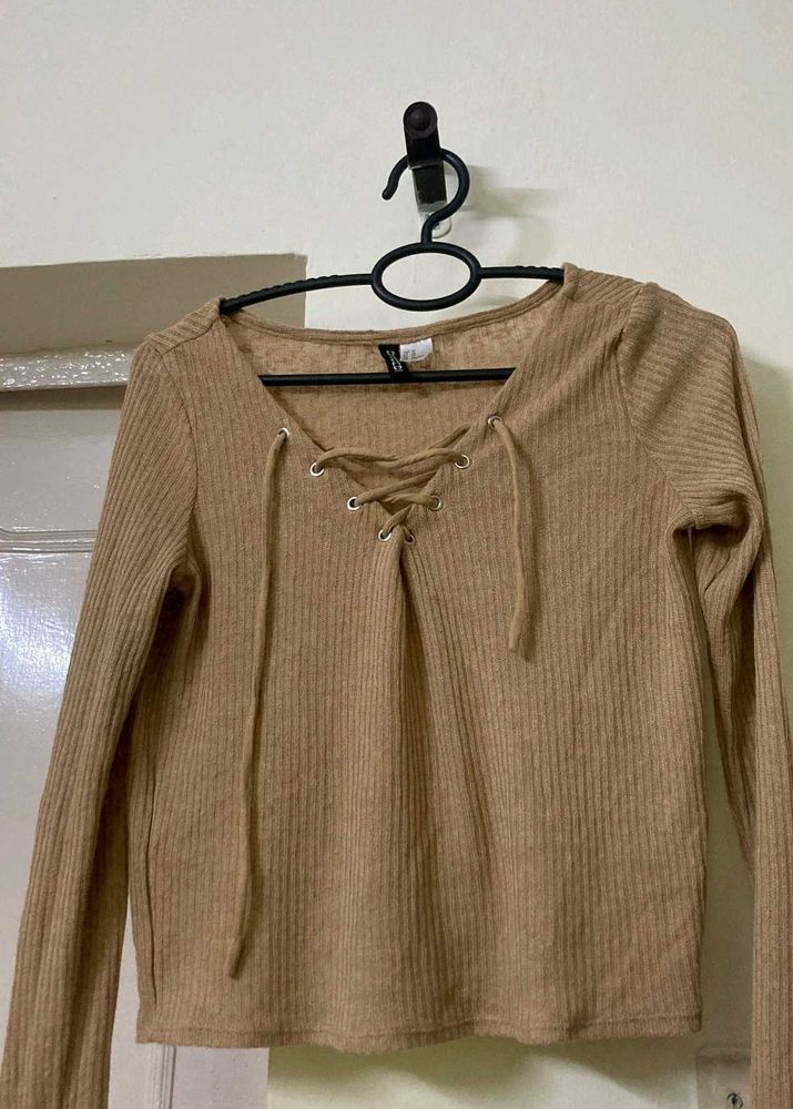 Ribbed Lace-Up Long Sleeve Top